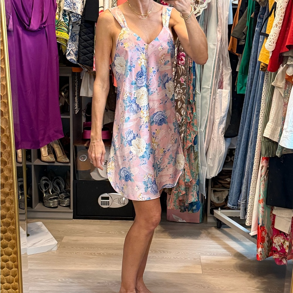 Floral Satin Slip Dress | Pink Blue Vintage-Inspired Mini Nightgown